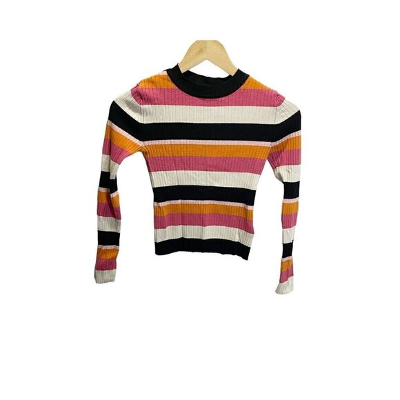 H&M Pink Orange White. Black Striped Knit Mock Neck Sweater XS Fitted - Picture 1 of 4
